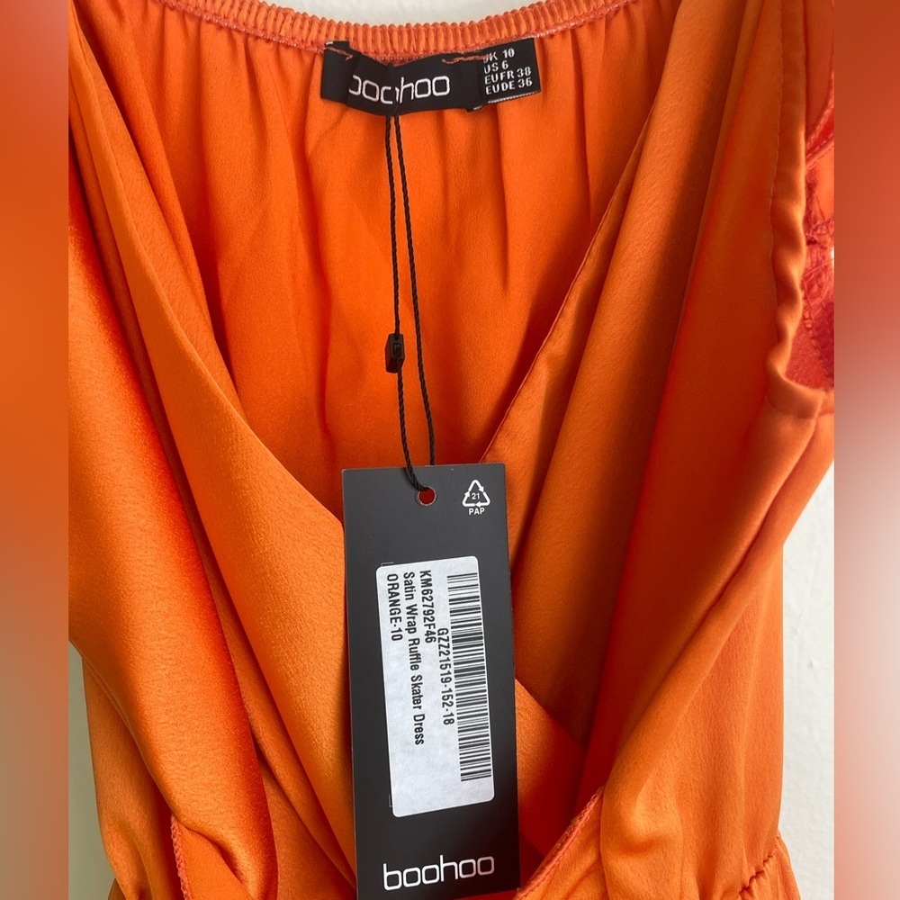 Boohoo Orange Size 6 Occasion Dress Flare Sleeves Shortsleeve skater ruffle - Picture 4 of 5